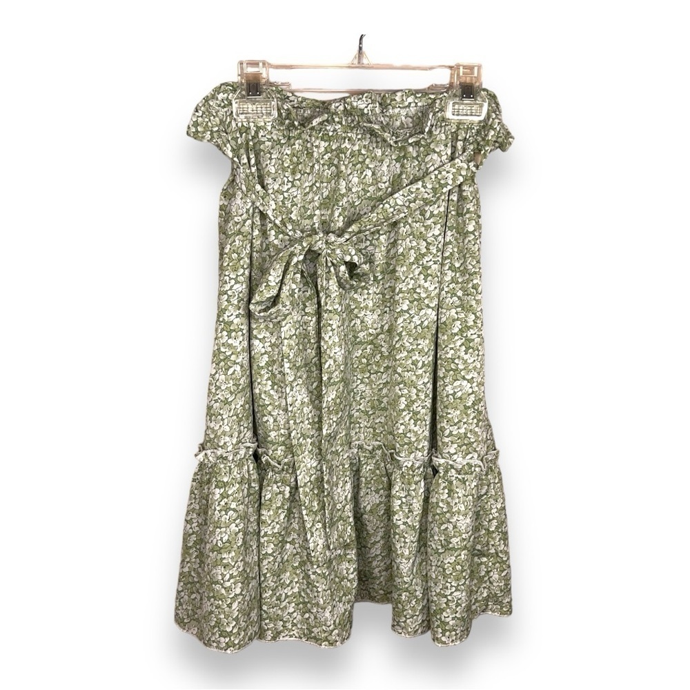 SIZE 4 GREEN WHITE FLORAL RUFFLE ACCENT SKIRT BELTED ELASTIC WAIST